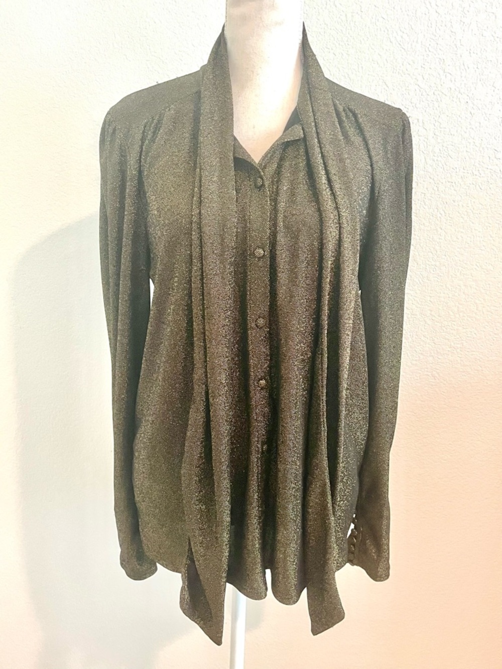 bishop + young Metallic Gold Long Sleeve Button Front Blouse with Scarf
